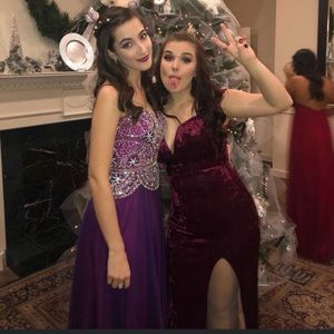 Red velvet off the shoulder Windsor prom dress